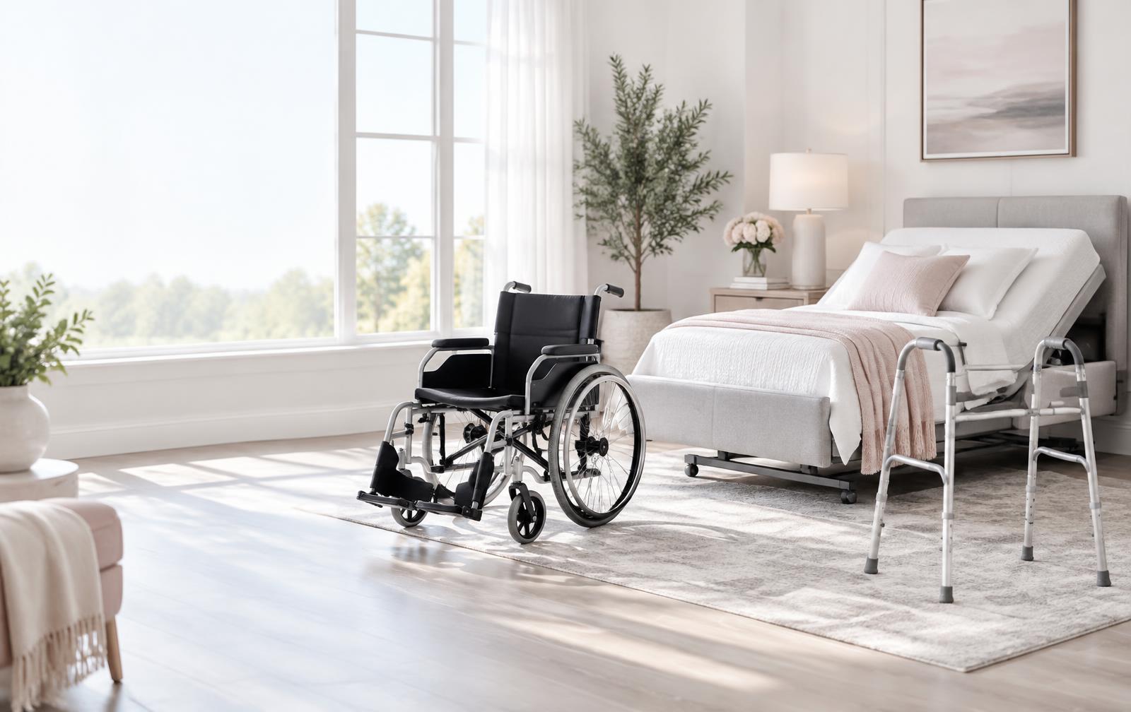Wheelchair, walker, and adjustable homecare bed in a comfortable home